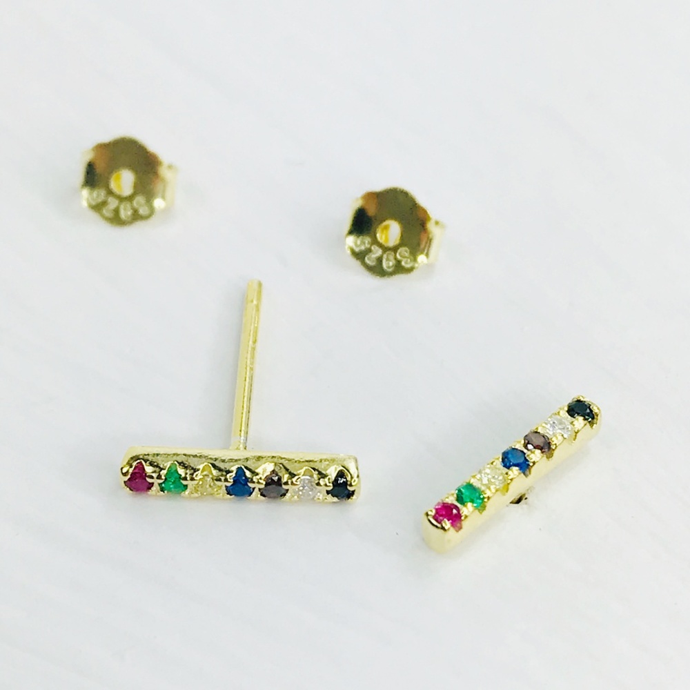 Rainbow CZ Bar Stud Earrings - Picture 2 of 8
